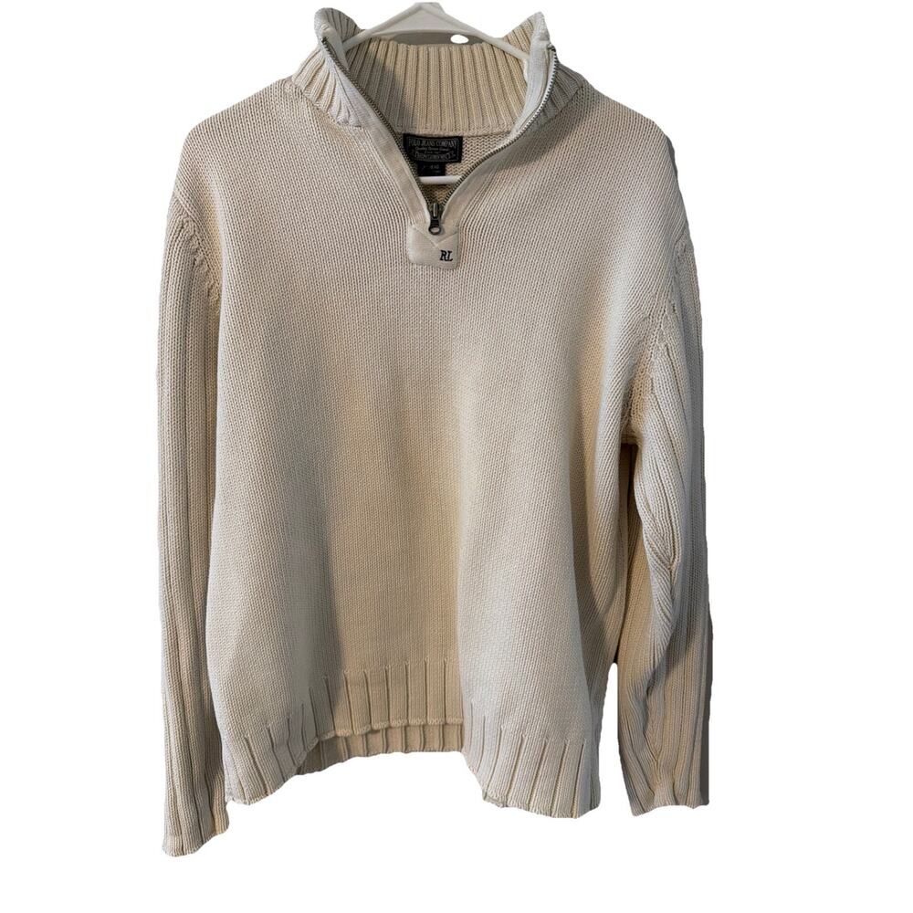 Vintage- Polo Jeans Co. - Ivory Quarter Zip Heavy Knit Cotton Sweater - Men's XL